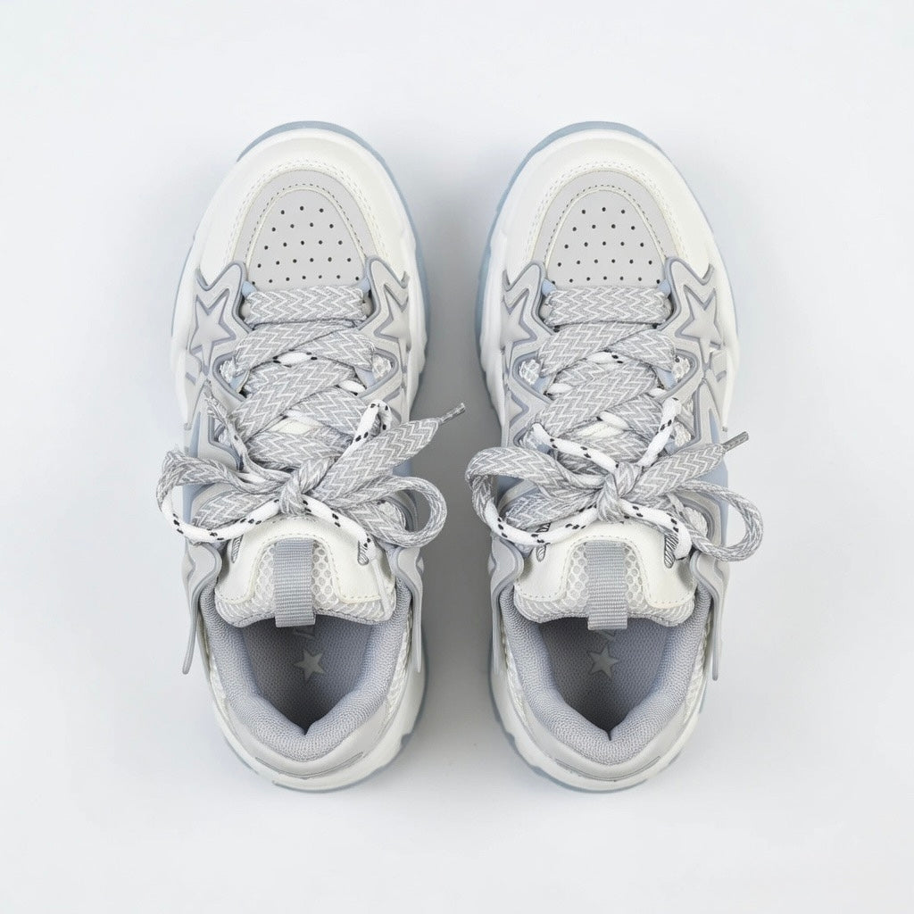 SoftSlipsy Ice Blue Star Platform Sneakers – Chunky Y2K Streetwear Trainers – Height Boost Sneakers