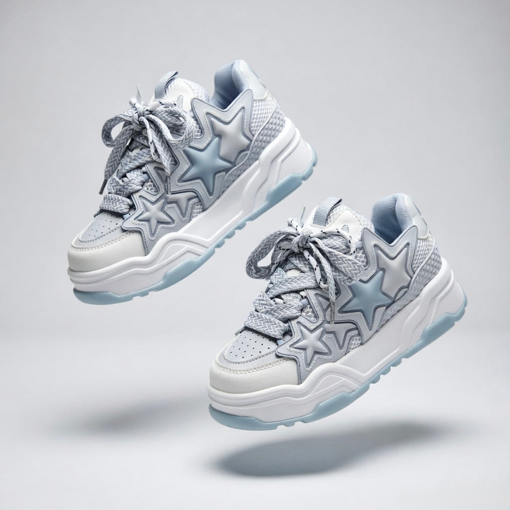 SoftSlipsy Ice Blue Star Platform Sneakers – Chunky Y2K Streetwear Trainers – Height Boost Sneakers