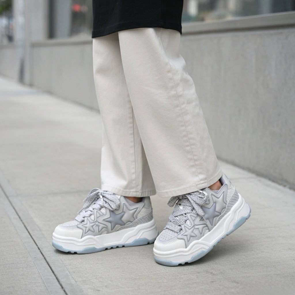 SoftSlipsy Ice Blue Star Platform Sneakers – Chunky Y2K Streetwear Trainers – Height Boost Sneakers
