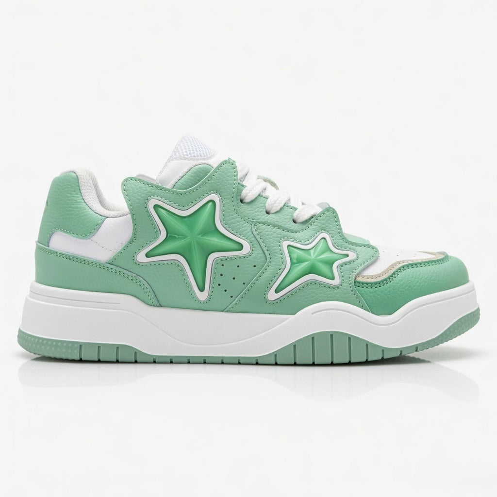 SoftSlipsy Mint Green Star Sneakers – Chunky Y2K Streetwear Trainers – Platform Casual Shoes