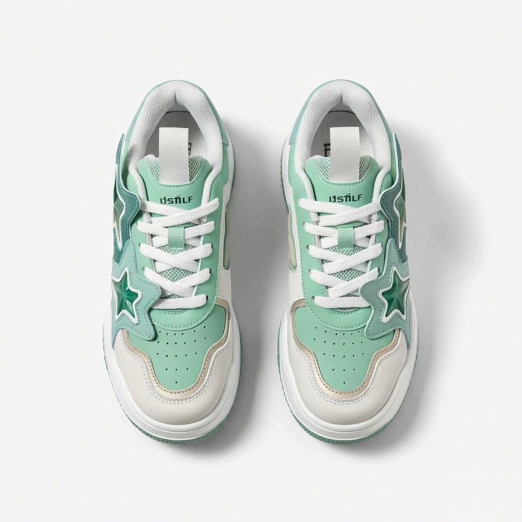 SoftSlipsy Mint Green Star Sneakers – Chunky Y2K Streetwear Trainers – Platform Casual Shoes