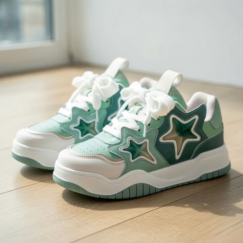 SoftSlipsy Mint Green Star Sneakers – Chunky Y2K Streetwear Trainers – Platform Casual Shoes