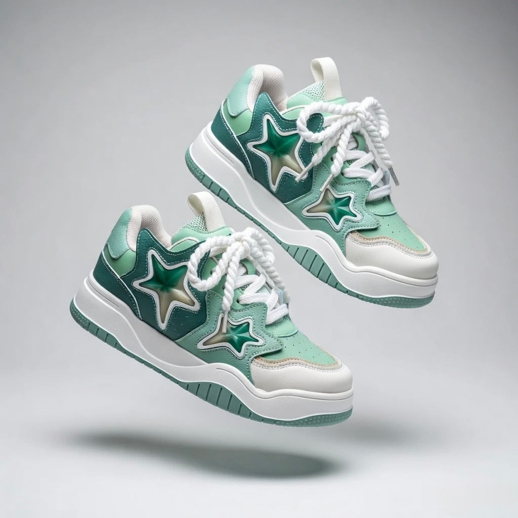 SoftSlipsy Mint Green Star Sneakers – Chunky Y2K Streetwear Trainers – Platform Casual Shoes