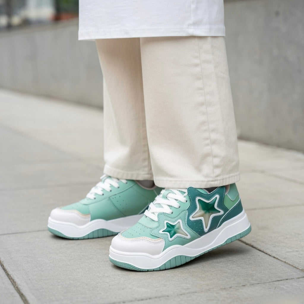 SoftSlipsy Mint Green Star Sneakers – Chunky Y2K Streetwear Trainers – Platform Casual Shoes