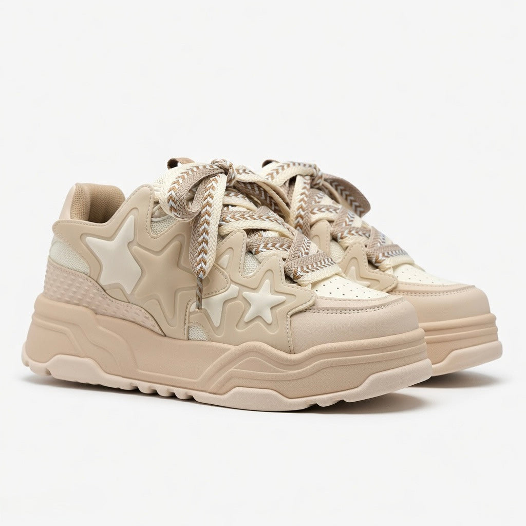 SoftSlipsy Beige Star Platform Sneakers – Chunky Neutral Y2K Streetwear Trainers – Height Boost Shoes