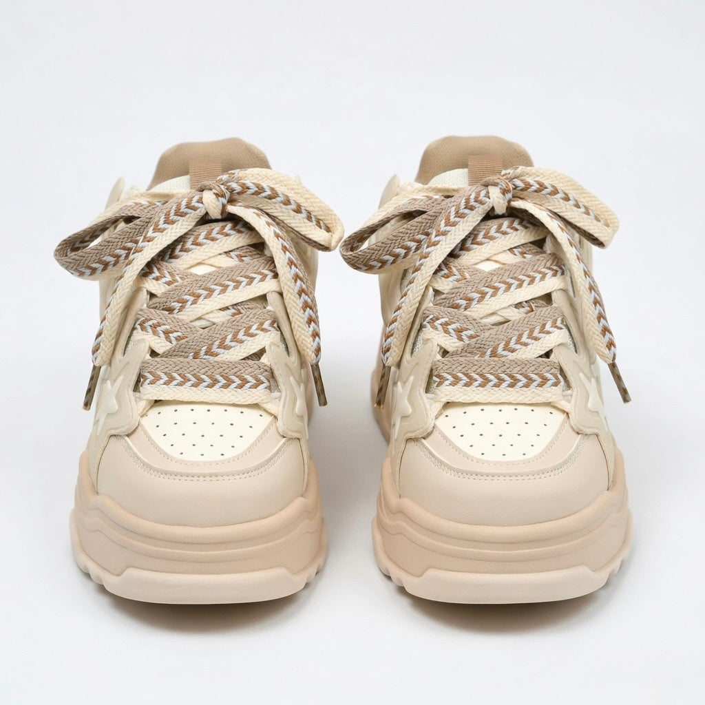 SoftSlipsy Beige Star Platform Sneakers – Chunky Neutral Y2K Streetwear Trainers – Height Boost Shoes