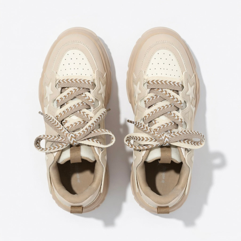SoftSlipsy Beige Star Platform Sneakers – Chunky Neutral Y2K Streetwear Trainers – Height Boost Shoes