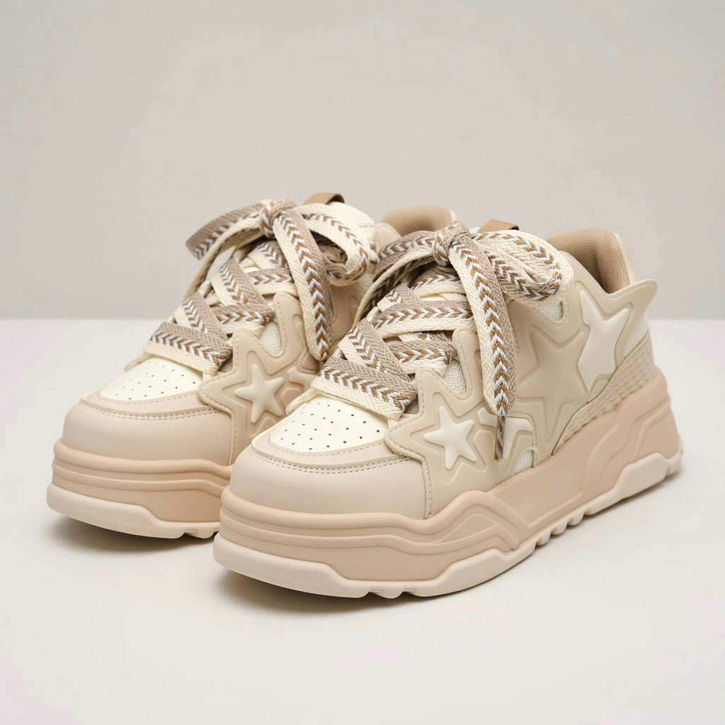SoftSlipsy Beige Star Platform Sneakers – Chunky Neutral Y2K Streetwear Trainers – Height Boost Shoes