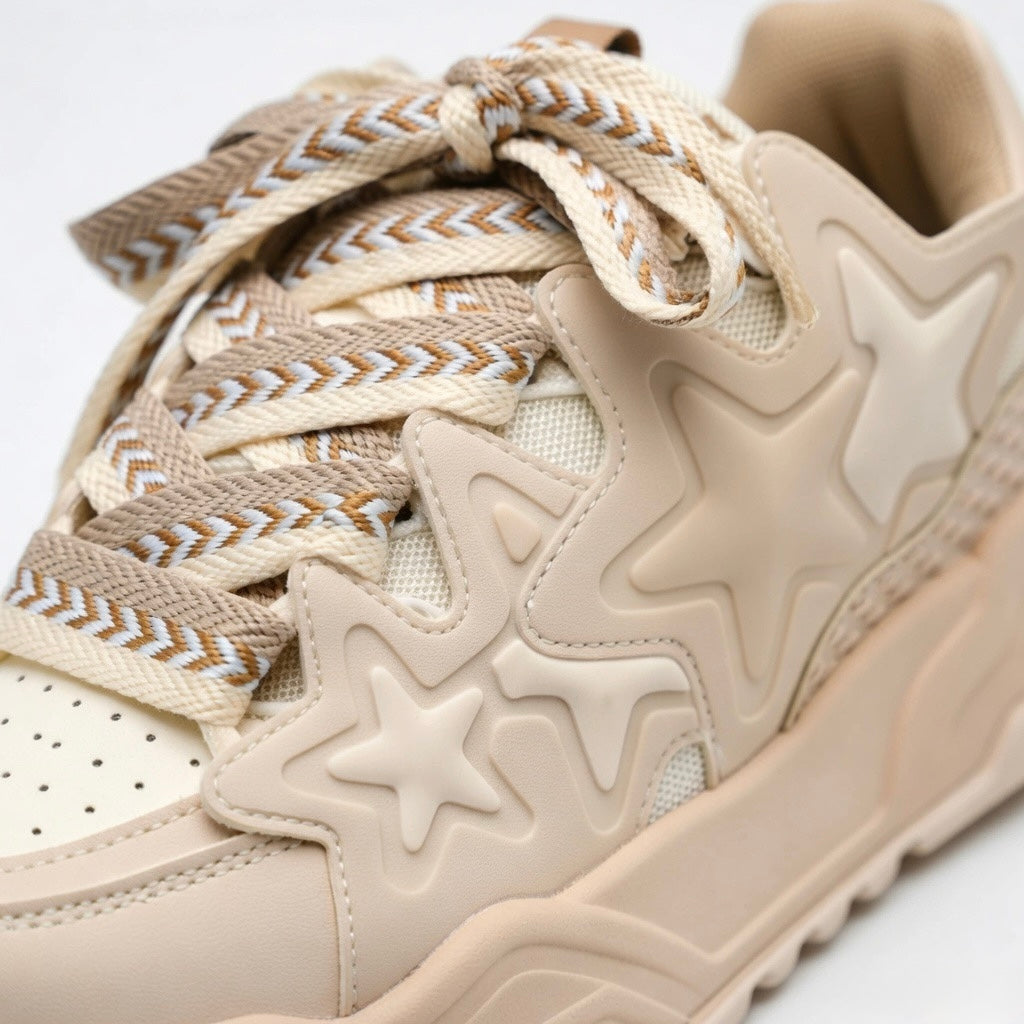 SoftSlipsy Beige Star Platform Sneakers – Chunky Neutral Y2K Streetwear Trainers – Height Boost Shoes