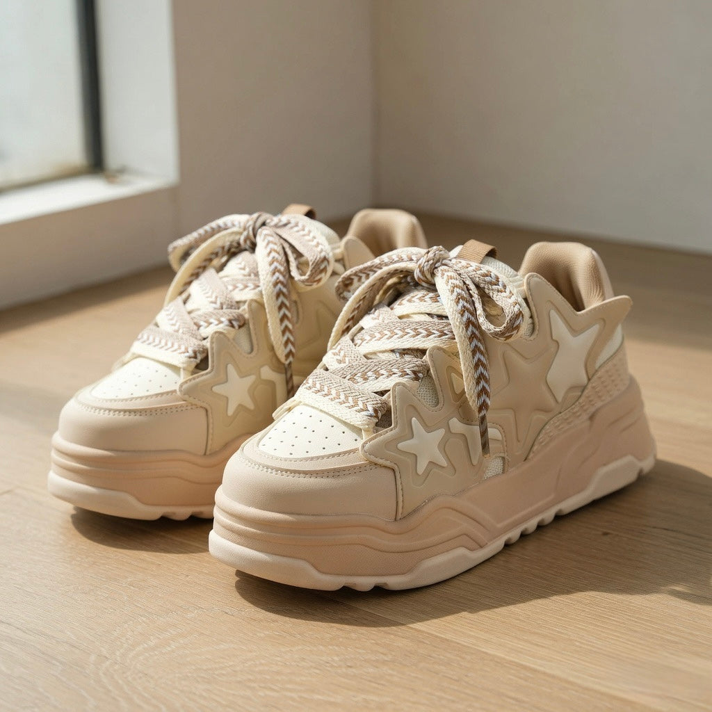 SoftSlipsy Beige Star Platform Sneakers – Chunky Neutral Y2K Streetwear Trainers – Height Boost Shoes