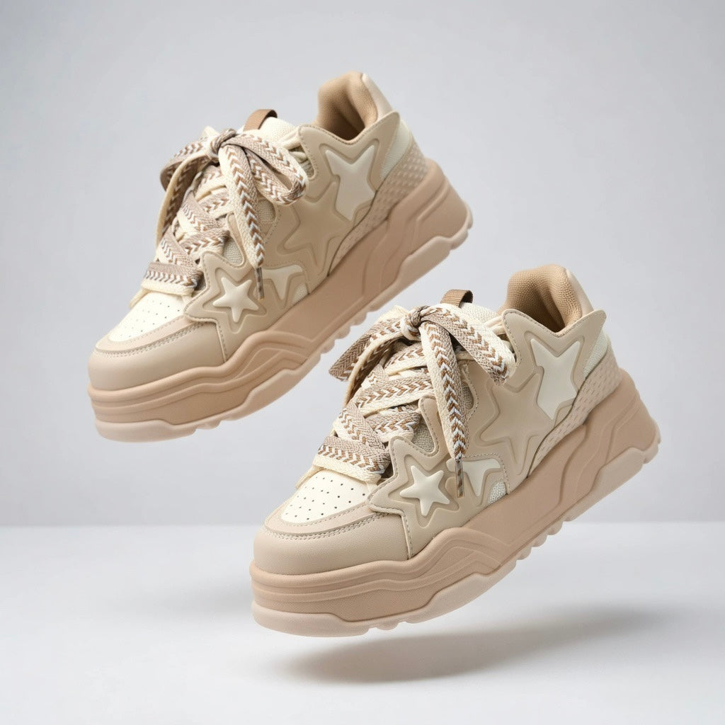 SoftSlipsy Beige Star Platform Sneakers – Chunky Neutral Y2K Streetwear Trainers – Height Boost Shoes