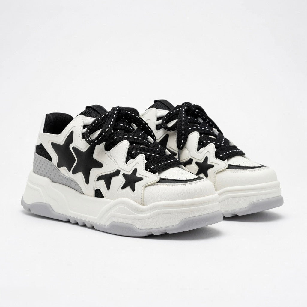 SoftSlipsy Black White Star Platform Sneakers – Chunky Y2K Streetwear Trainers – Height Boost Casual Shoes