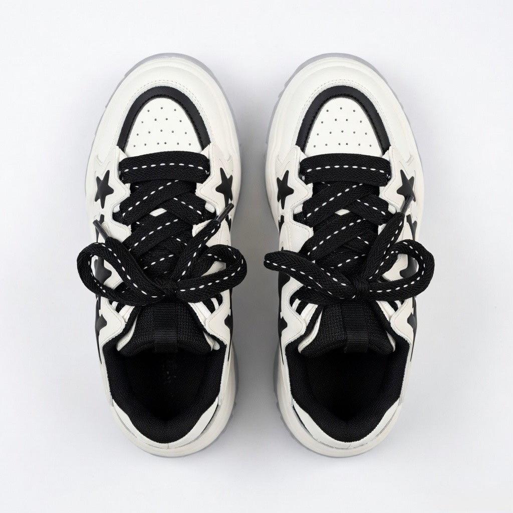 SoftSlipsy Black White Star Platform Sneakers – Chunky Y2K Streetwear Trainers – Height Boost Casual Shoes