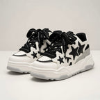 SoftSlipsy Black White Star Platform Sneakers – Chunky Y2K Streetwear Trainers – Height Boost Casual Shoes