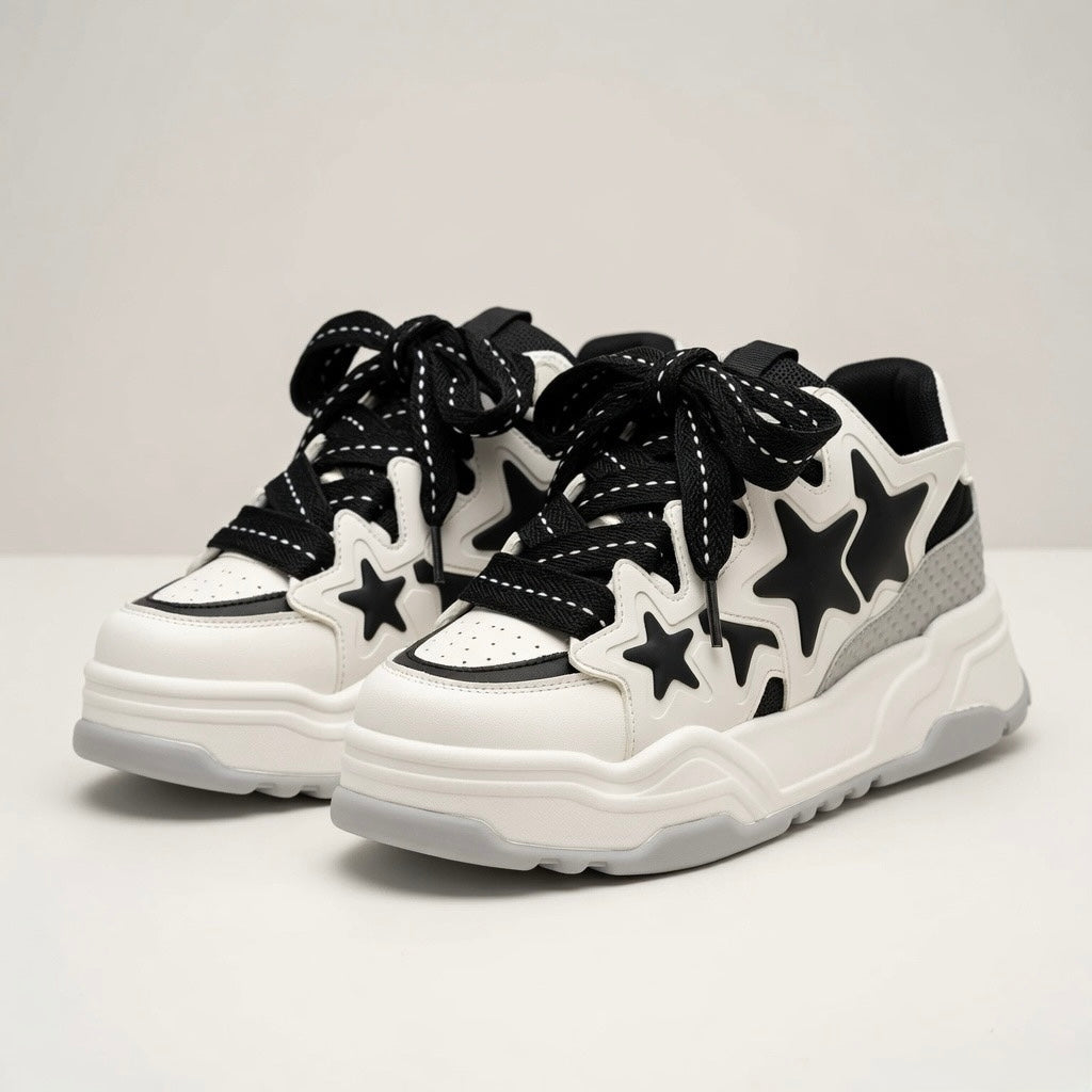 SoftSlipsy Black White Star Platform Sneakers – Chunky Y2K Streetwear Trainers – Height Boost Casual Shoes