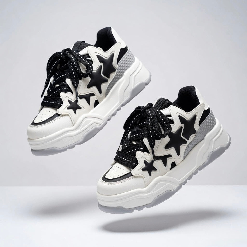 SoftSlipsy Black White Star Platform Sneakers – Chunky Y2K Streetwear Trainers – Height Boost Casual Shoes