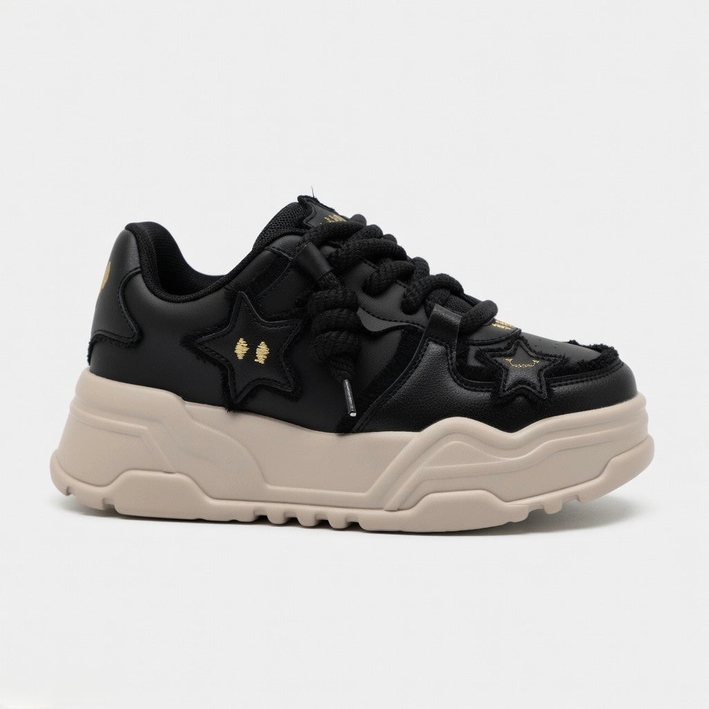 SoftSlipsy Black Star Platform Sneakers – Chunky Y2K Streetwear Trainers – Height Boost Casual Shoes
