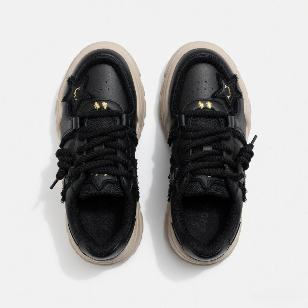 SoftSlipsy Black Star Platform Sneakers – Chunky Y2K Streetwear Trainers – Height Boost Casual Shoes