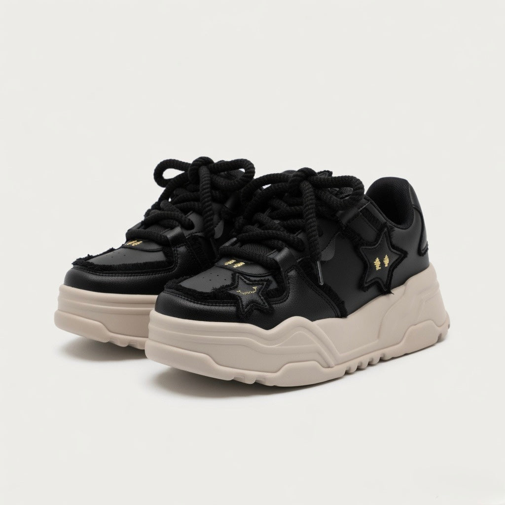 SoftSlipsy Black Star Platform Sneakers – Chunky Y2K Streetwear Trainers – Height Boost Casual Shoes