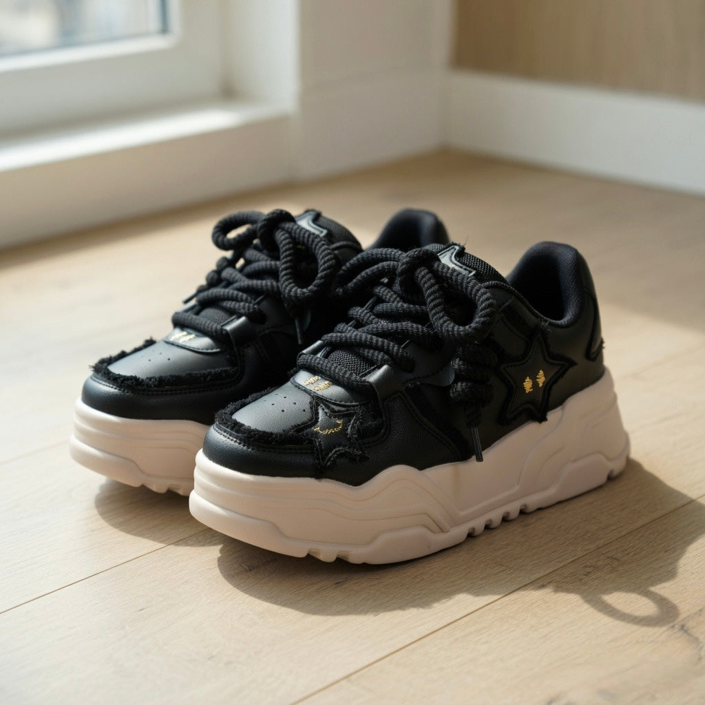 SoftSlipsy Black Star Platform Sneakers – Chunky Y2K Streetwear Trainers – Height Boost Casual Shoes