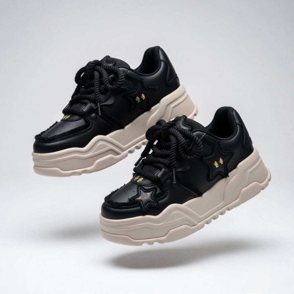 SoftSlipsy Black Star Platform Sneakers – Chunky Y2K Streetwear Trainers – Height Boost Casual Shoes