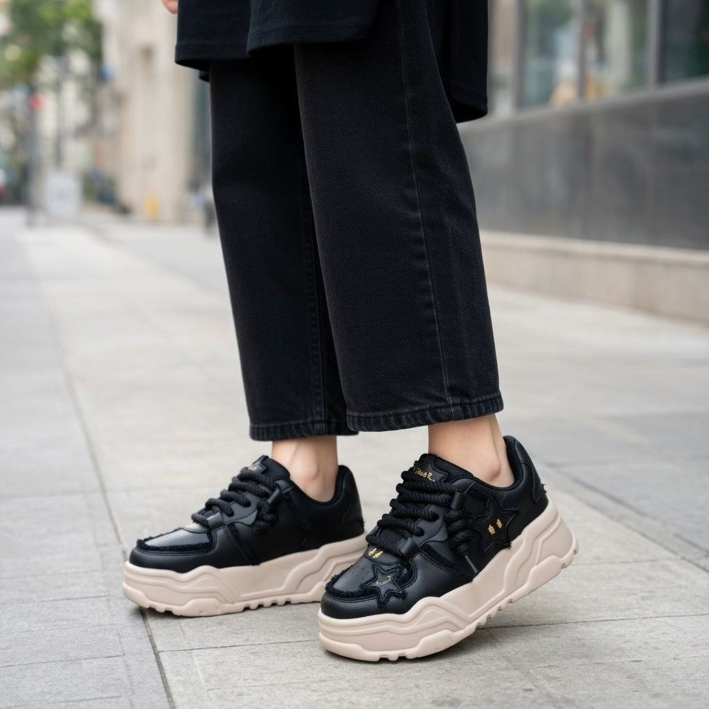 SoftSlipsy Black Star Platform Sneakers – Chunky Y2K Streetwear Trainers – Height Boost Casual Shoes