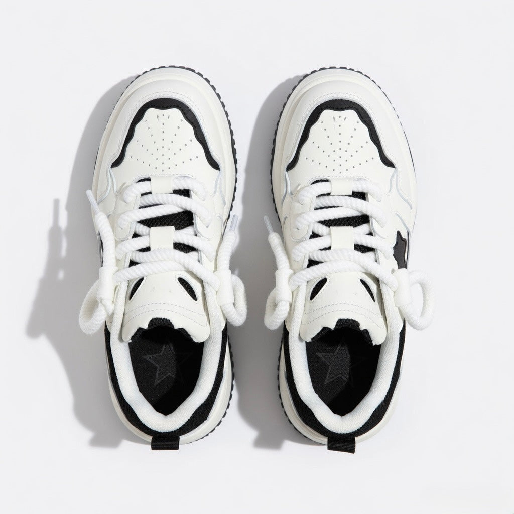 SoftSlipsy Black White Star Platform Sneakers – Chunky Y2K Streetwear Trainers – Casual Height Boost Shoes