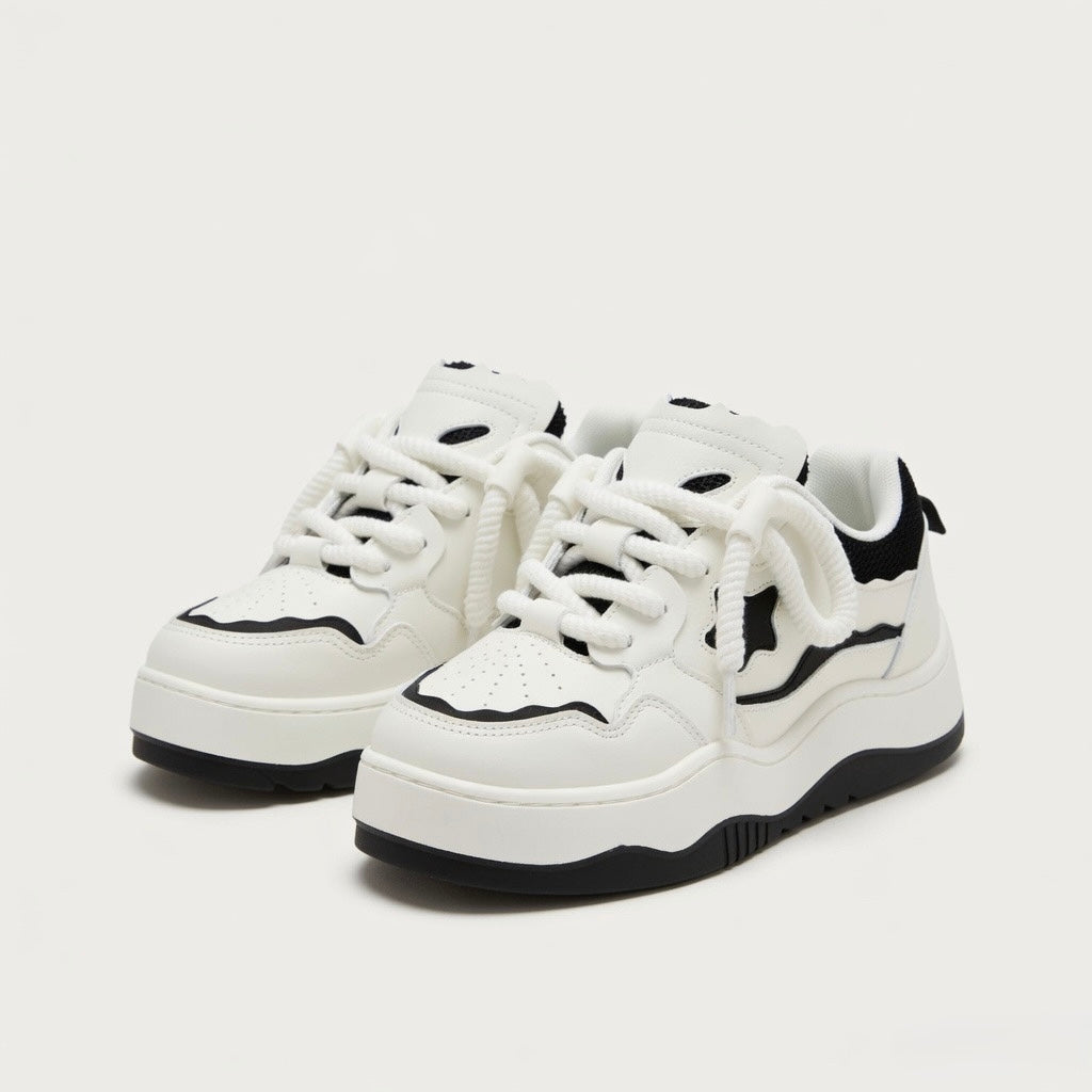 SoftSlipsy Black White Star Platform Sneakers – Chunky Y2K Streetwear Trainers – Casual Height Boost Shoes