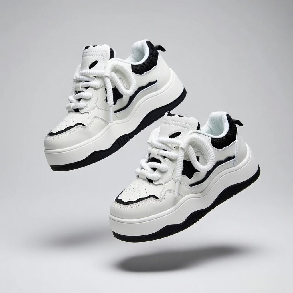 SoftSlipsy Black White Star Platform Sneakers – Chunky Y2K Streetwear Trainers – Casual Height Boost Shoes