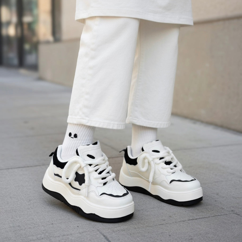 SoftSlipsy Black White Star Platform Sneakers – Chunky Y2K Streetwear Trainers – Casual Height Boost Shoes