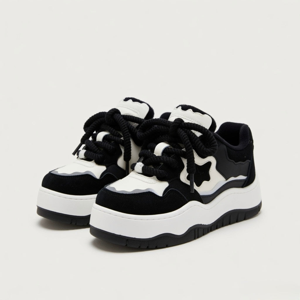 SoftSlipsy Black White Platform Sneakers – Minimal Star Chunky Y2K Streetwear Trainers