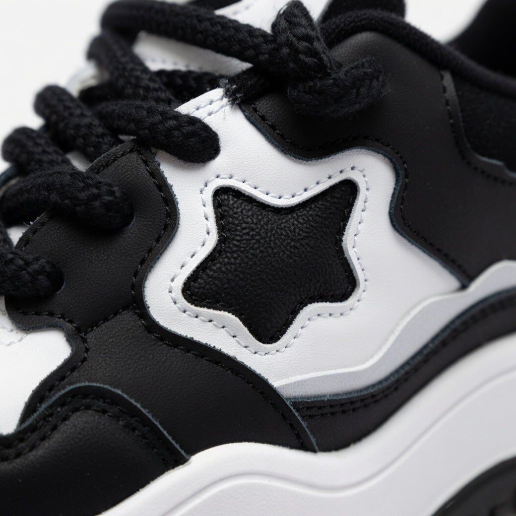 SoftSlipsy Black White Platform Sneakers – Minimal Star Chunky Y2K Streetwear Trainers