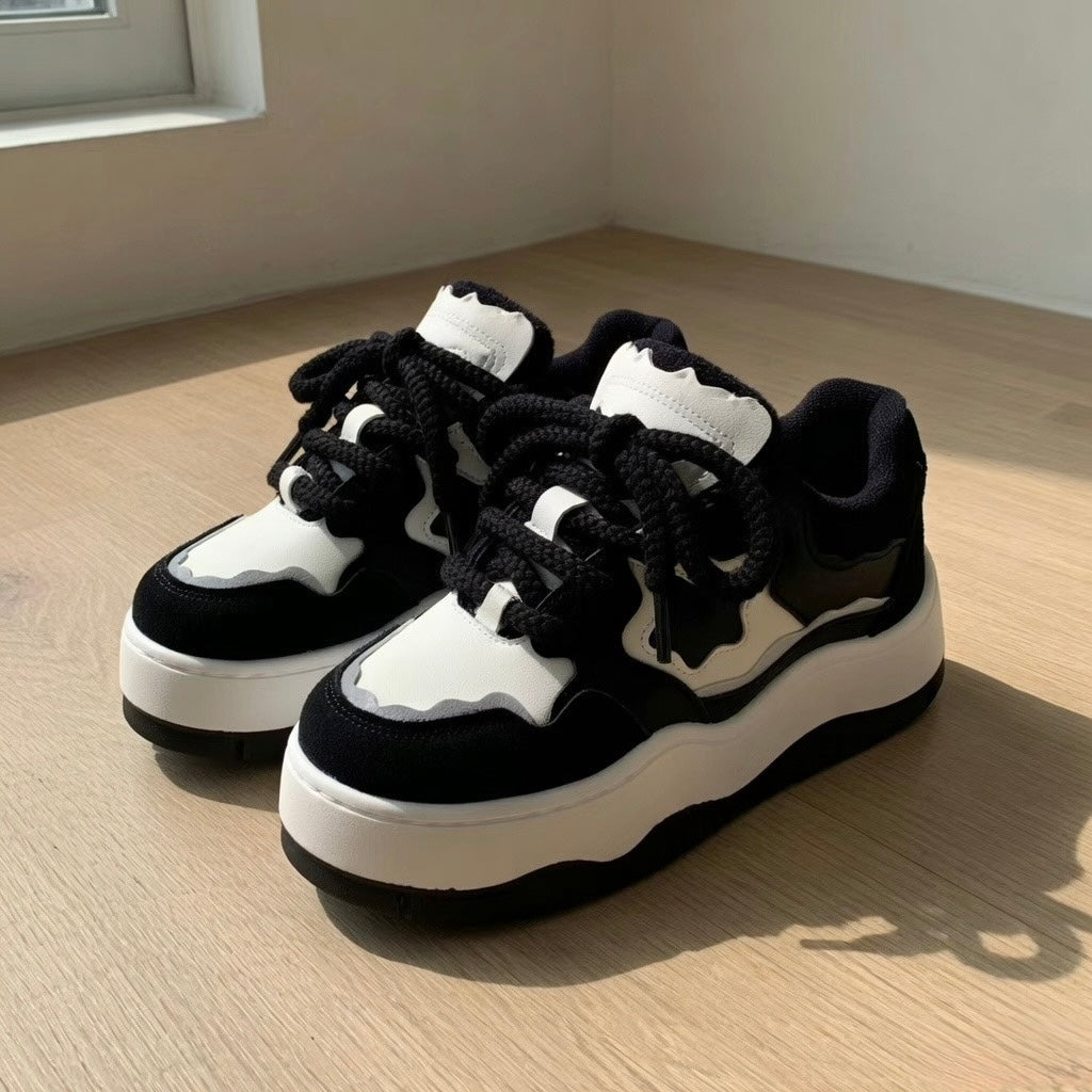 SoftSlipsy Black White Platform Sneakers – Minimal Star Chunky Y2K Streetwear Trainers