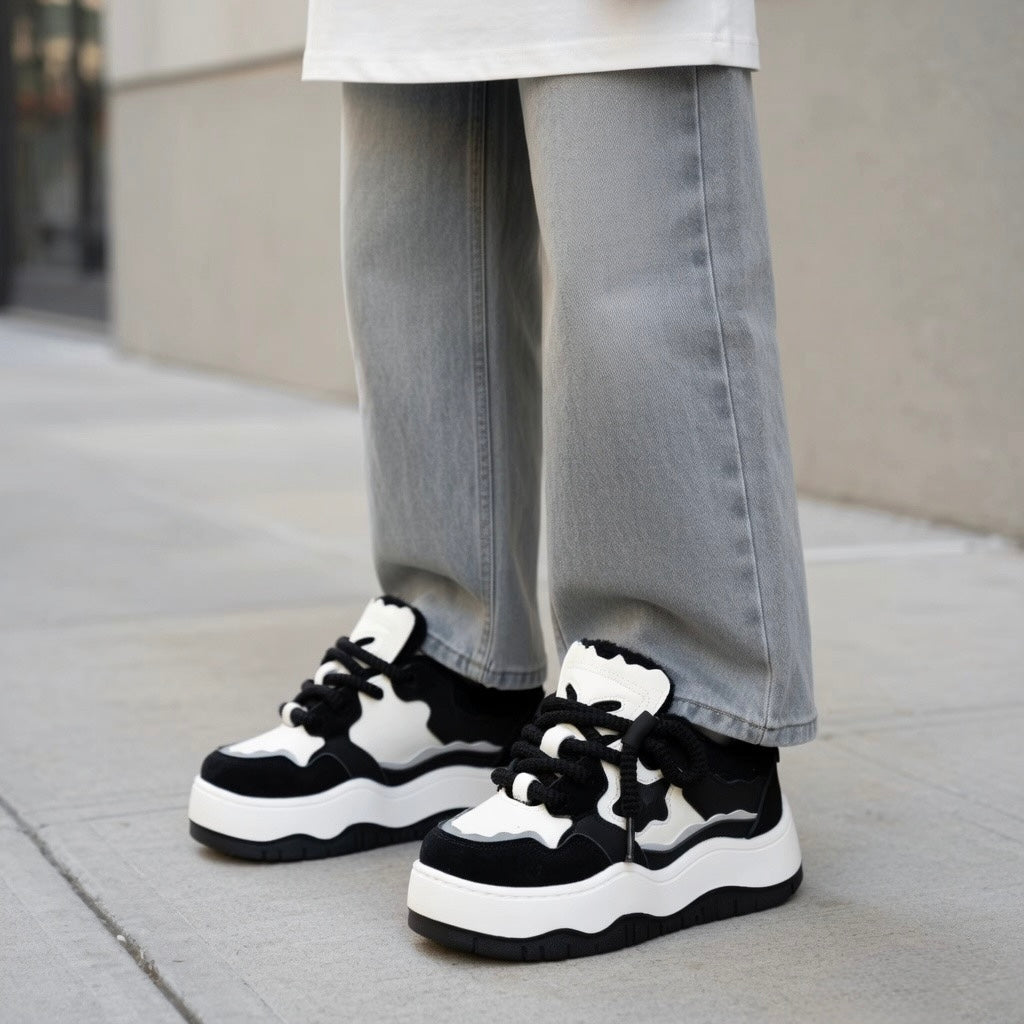 SoftSlipsy Black White Platform Sneakers – Minimal Star Chunky Y2K Streetwear Trainers