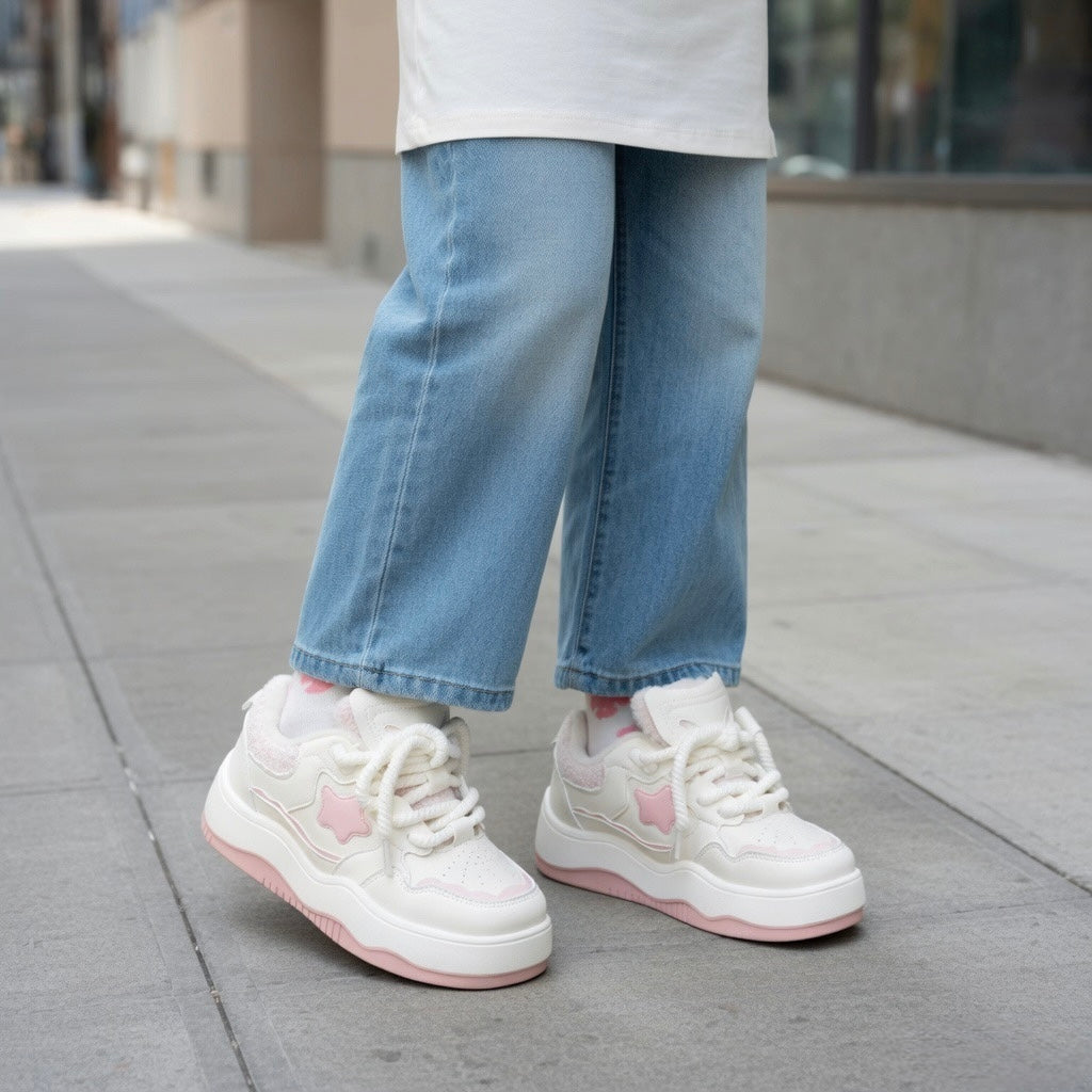 SoftSlipsy Pink Star Platform Sneakers – Cute Pastel Chunky Y2K Streetwear Trainers