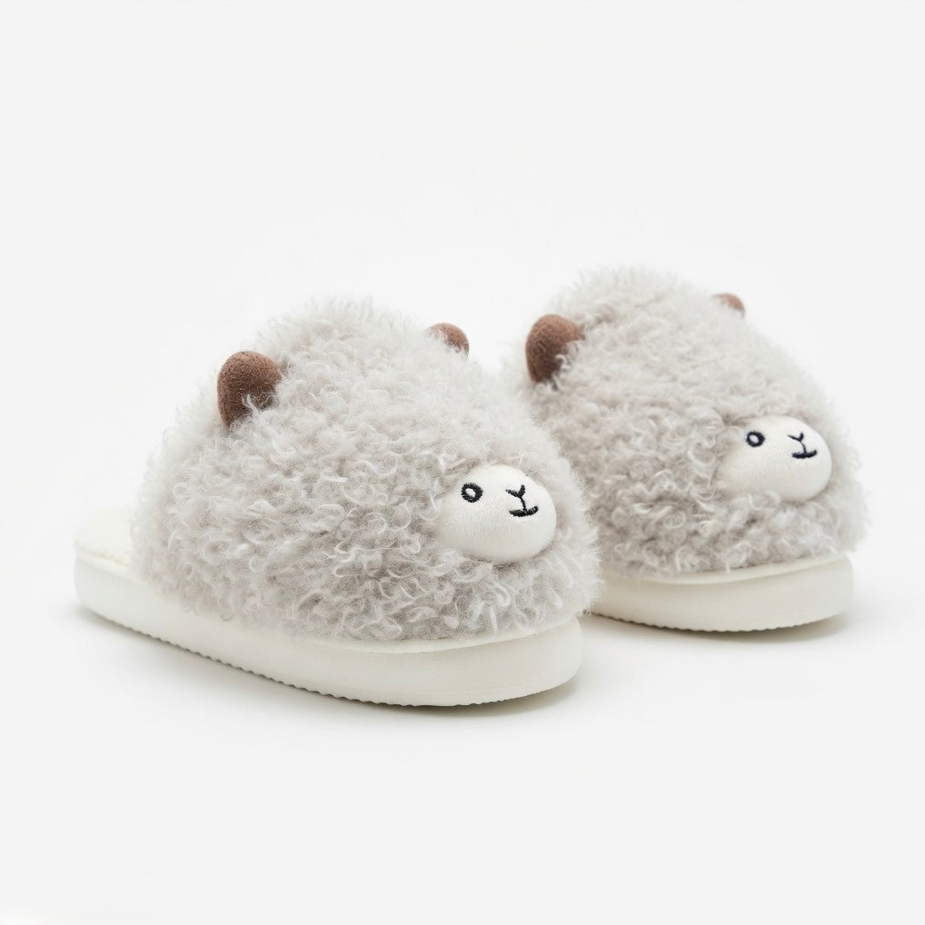 Fluffy Grey Sheep Slippers – Cute Cozy Indoor House Shoes