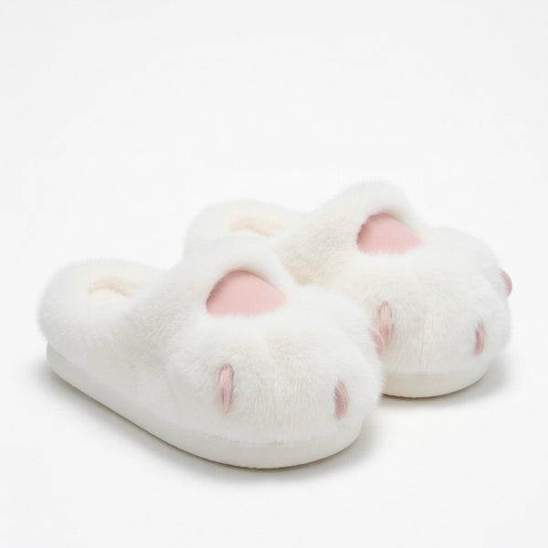 Cute White Cat Paw Plush Slippers – Soft Cozy Indoor House Shoes