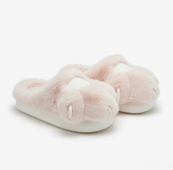 Cute Pink Cat Paw Plush Slippers – Soft Cozy Indoor House Shoes