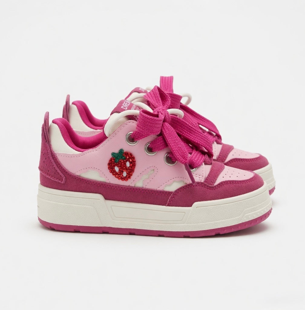 SoftSlipsy Pink Strawberry Platform Sneakers | Kawaii Chunky Sole Trainers, Korean Casual