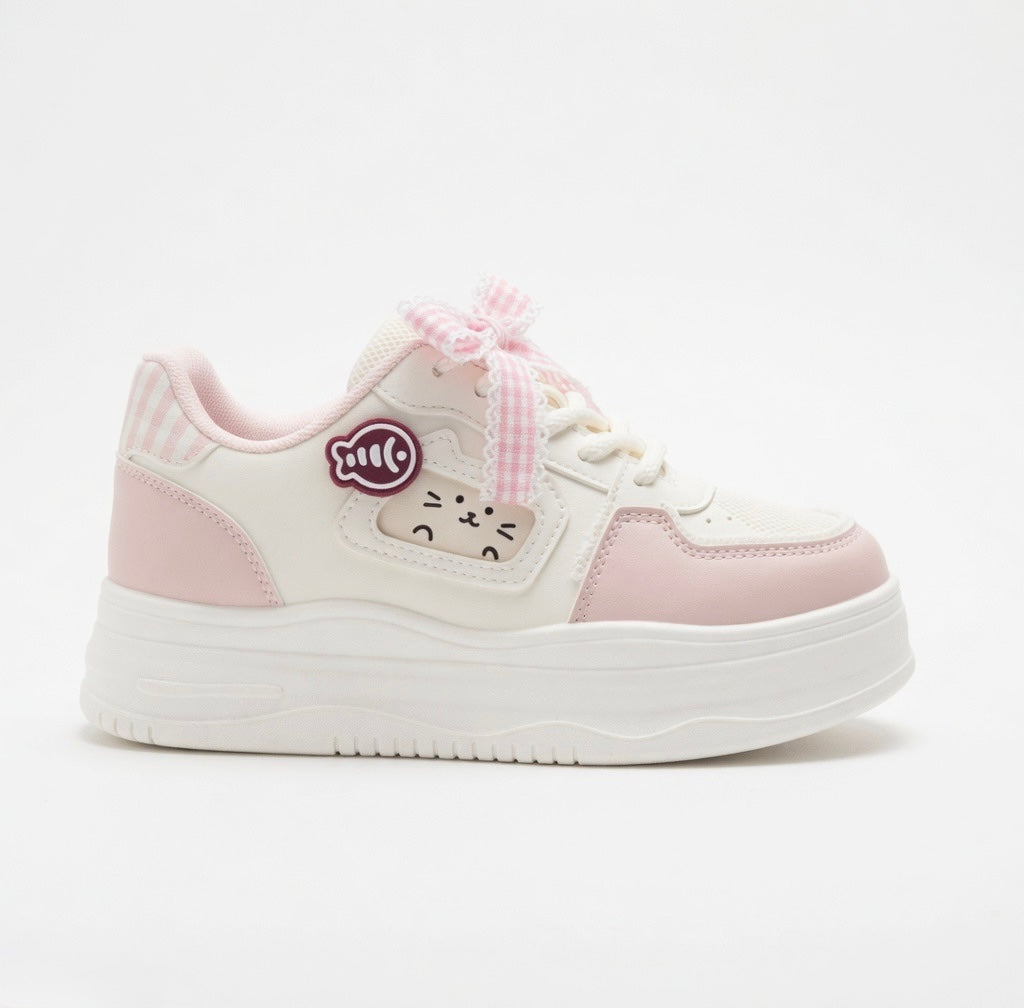 SoftSlipsy Kawaii Cat Platform Sneakers Women | Fish Detail Chunky Trainers, Casual Shoes
