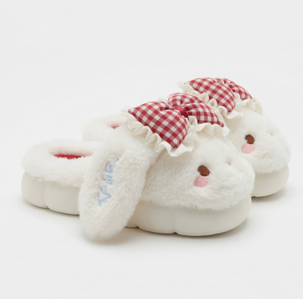 Coquette Bunny Slippers with Bow, Plush Kawaii Rabbit Indoor Shoes | SoftSlipsy