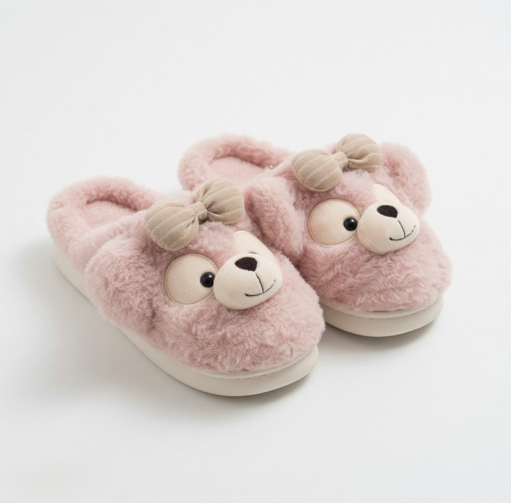 Plush Bow Bear Slippers | Cozy Teddy Bear Indoor Shoes for Women | SoftSlipsy