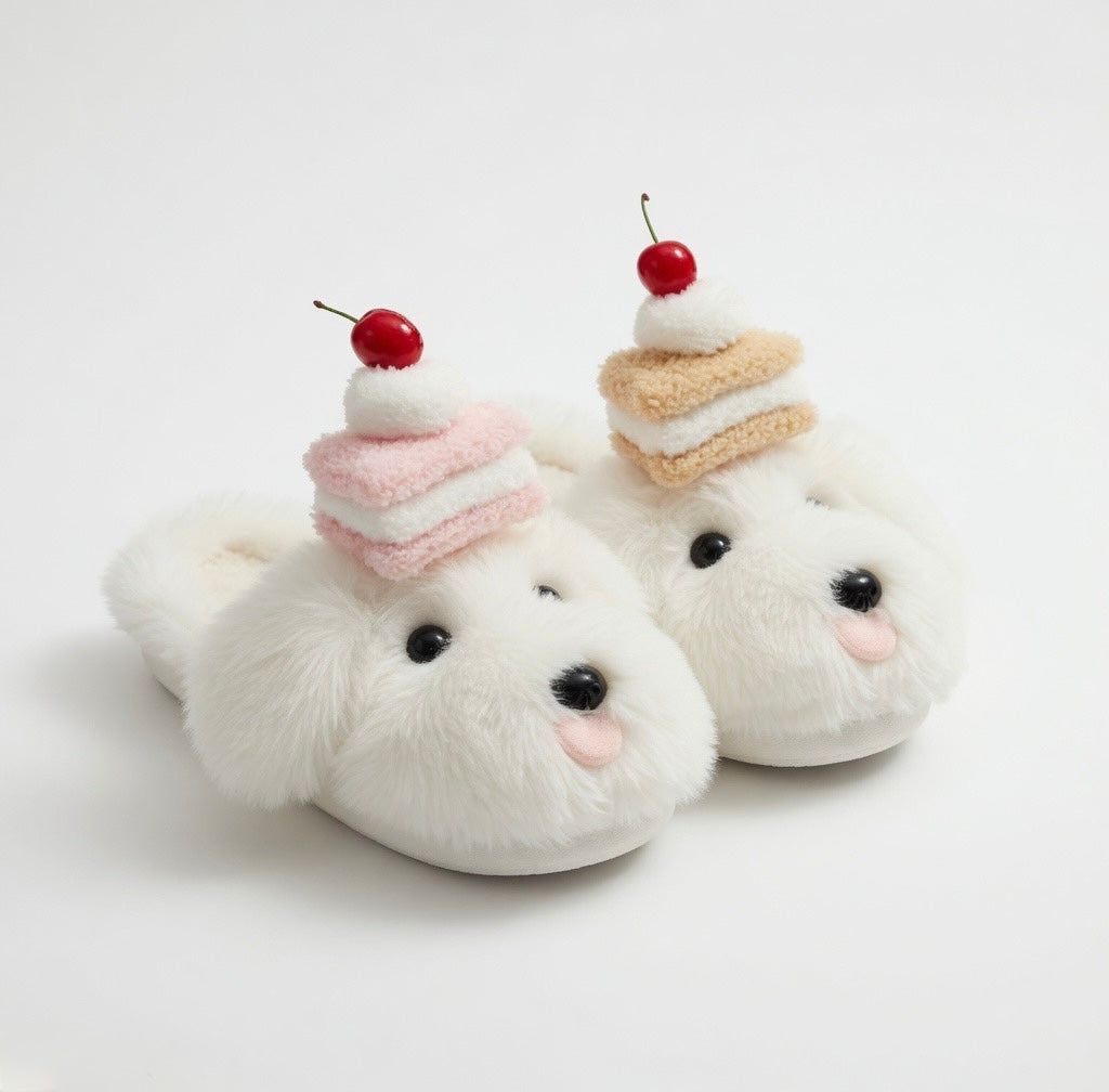 Women's Plush Dog Slippers with Cake | Fluffy Puppy House Shoes | Kawaii Footwear | SoftSlipsy