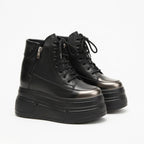 SoftSlipsy 14CM Chunky Platform Ankle Sneakers - Black Lace-Up with Side Zipper
