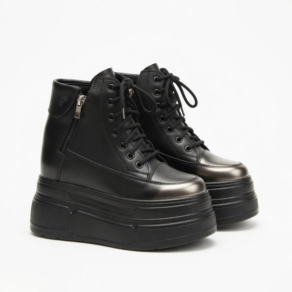 SoftSlipsy 14CM Chunky Platform Ankle Sneakers - Black Lace-Up with Side Zipper