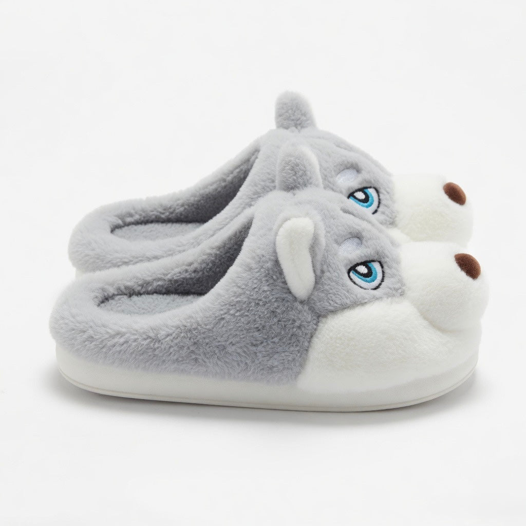 Plush Husky Slippers | Fluffy Dog Face Indoor Shoes, Cozy Warmth | SoftSlipsy