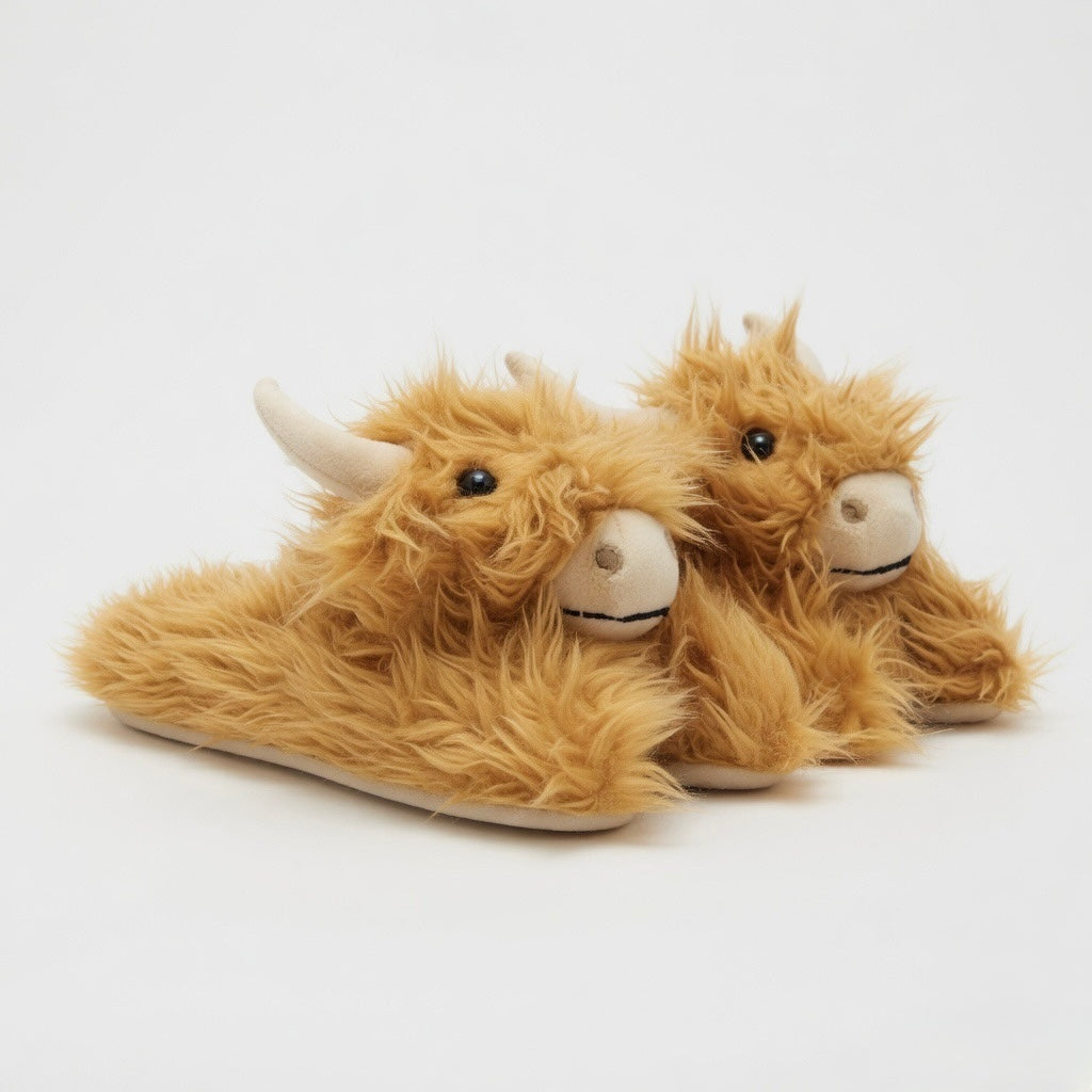 Highland Cow Plush Slippers | Fluffy Scottish Animal Cozy Indoor Shoes | SoftSlipsy
