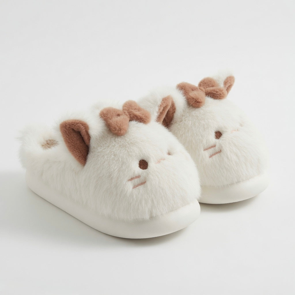 Kawaii Cat Plush Slippers | Bow Detail Cozy House Shoes | SoftSlipsy