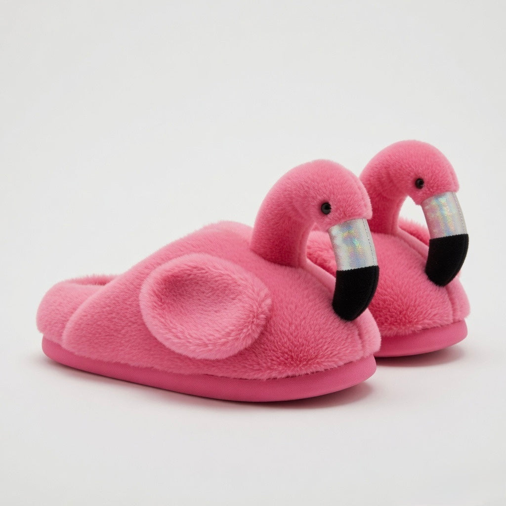 Flamingo Plush Slippers | Cozy Pink Animal House Shoes, Soft Winter Loungewear