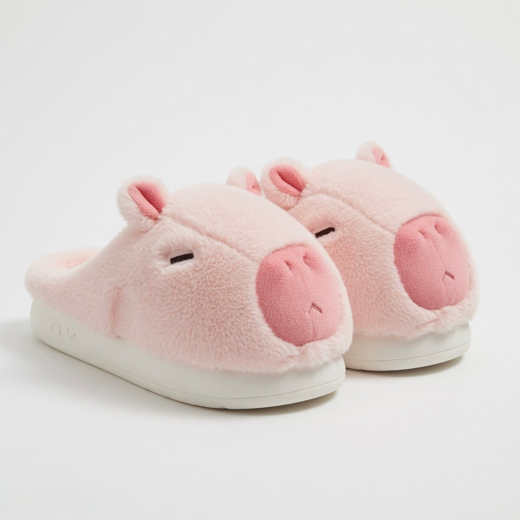 Pink Capybara Plush Slippers | Cozy Animal House Shoes | Fluffy Indoor Footwear | SoftSlipsy